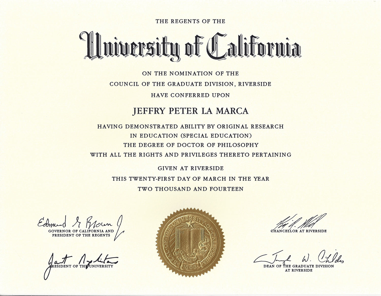 University of California Doctoral Diploma Jeff La Marca Ph D