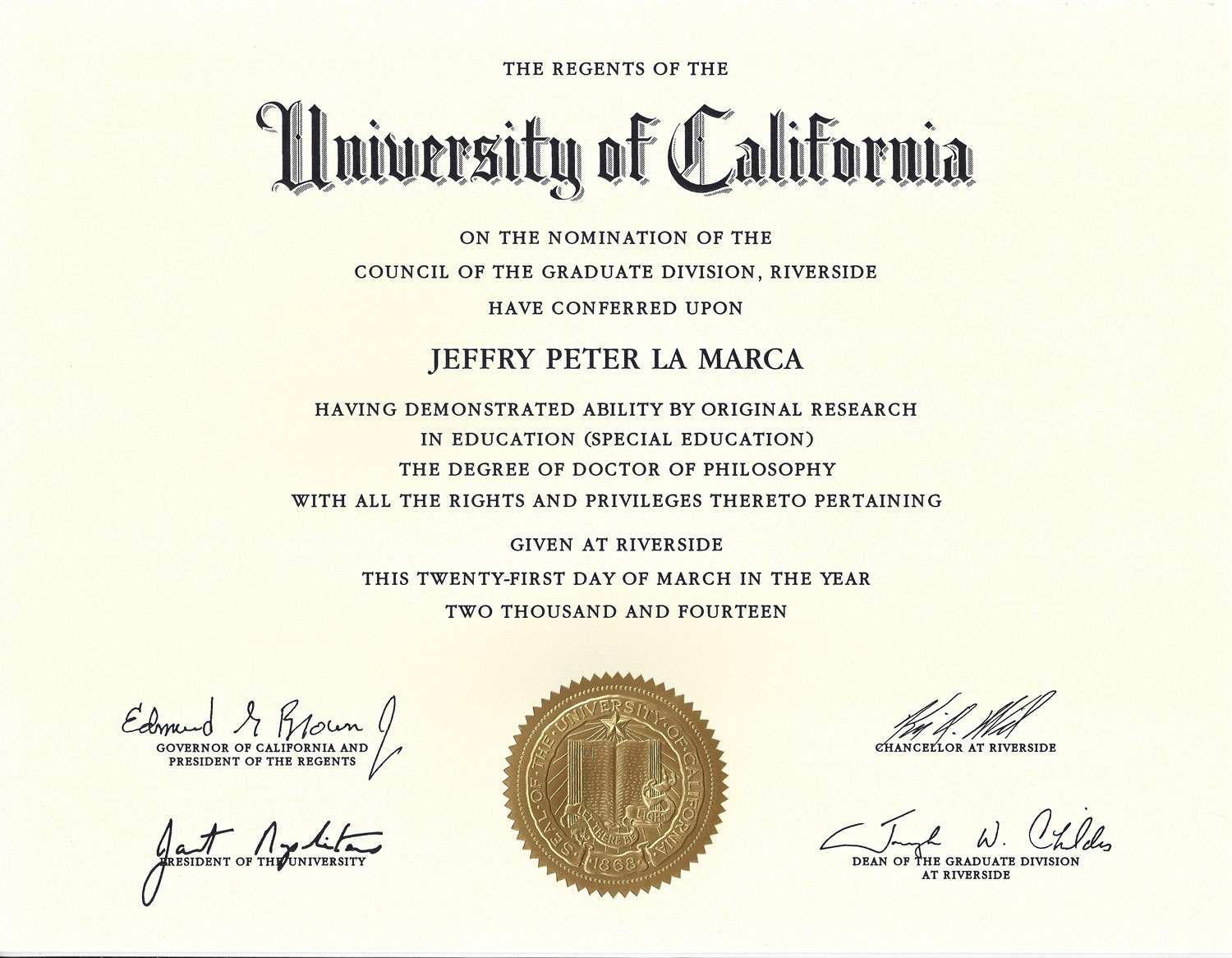 Doctoral Diploma Jeff La Marca Ph D 